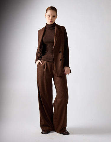 Narrated Brown Stripe Pleated Wide-Leg Trousers