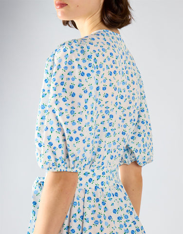 Blue Bud Floral Wrap V-Neck Midi Dress