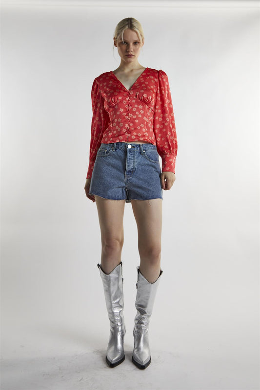 Coral-Pink Daisy Long-Sleeve Top