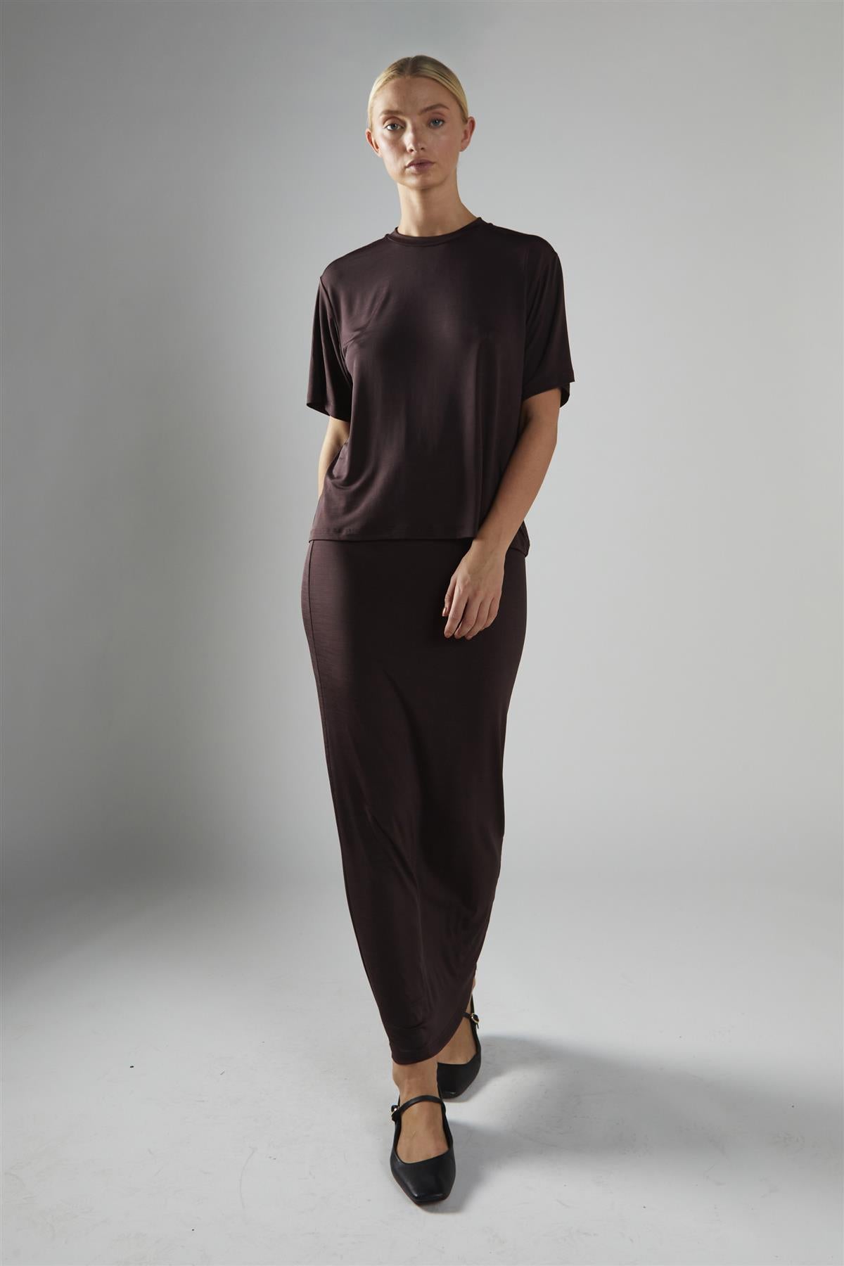 Chocolate-Brown Soft-Drape Maxi-Skirt