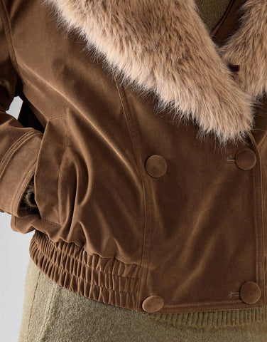 Khaki Brown Faux Fur Collar Bomber Jacket
