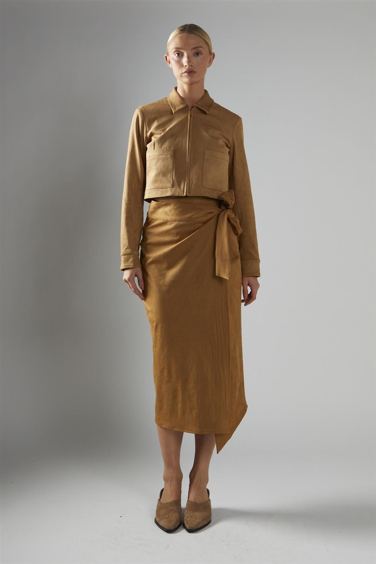 Angled Hem Midi Wrap Skirt - Camel