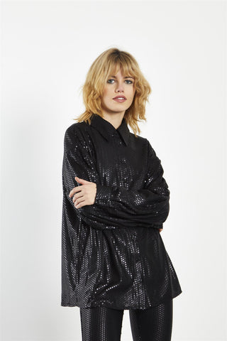Matt-Black Sequin Collared  Long-Sleeve Shirt