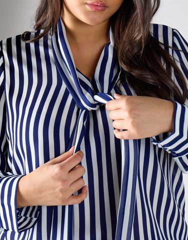 Glamorous Curve Navy Cream Stripe Bow-Collar Blouse