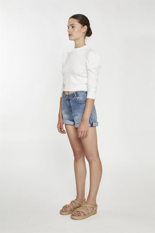 White High Neck Puff Shoulder Top