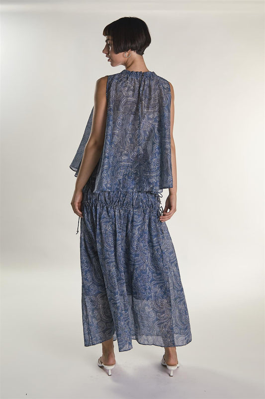 Blue Paisley Ruched Flowy Midaxi Skirt