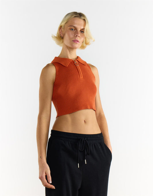 Orange Zip Collar Sleeveless Top