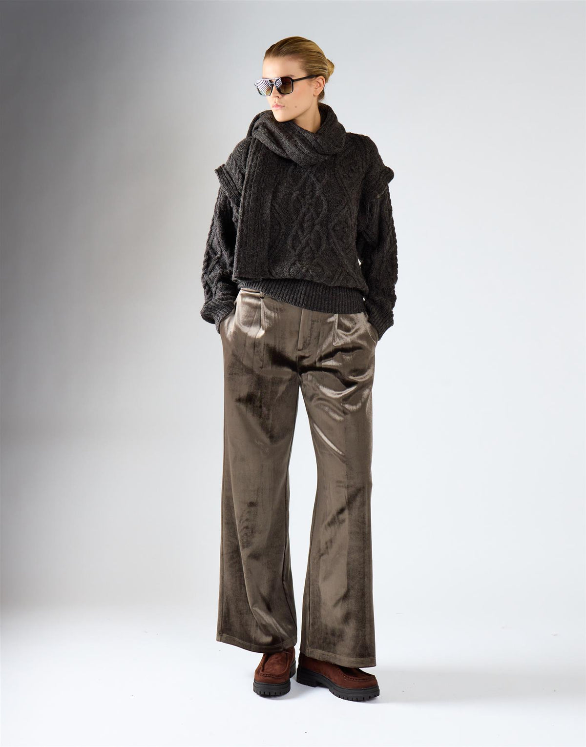 Grey Khaki Pleated Wide-Leg Trousers