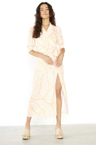 V-Neck Midi Wrap dress - Coral Pink Palm