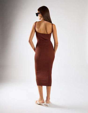 Reddish Brown Ribbed V-Neck Midi Dress