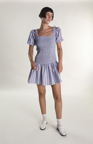 Blue Check Stripe Mini Dress with Bow Sleeves