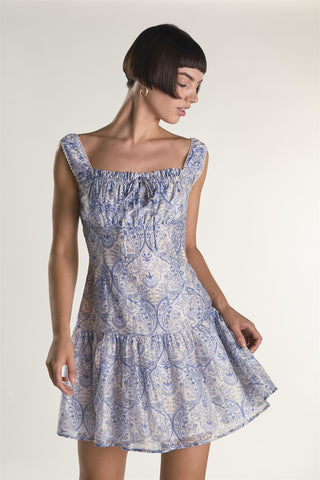 White Blue Paisley Tie Front Mini Dress