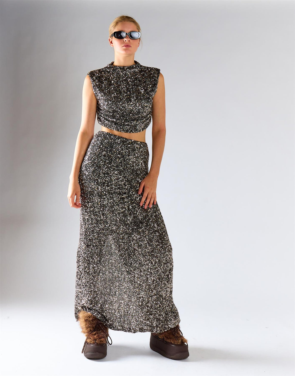 Silver Mini Sequin Sleeveless Mock Neck Crop Top