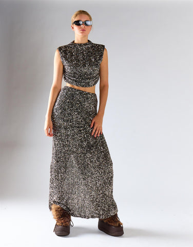 Silver Mini Sequin Sleeveless Mock Neck Crop Top