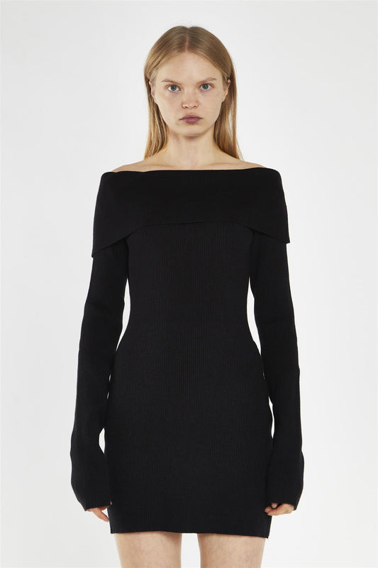 Black Knit Ribbed Long Sleeve Bardot Mini Dress for everyday wear