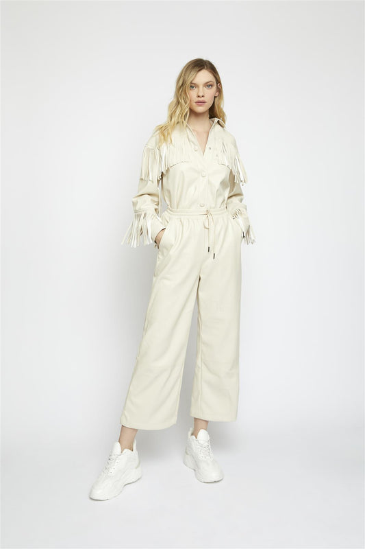 Cream-Pu Wide-Leg-Trousers