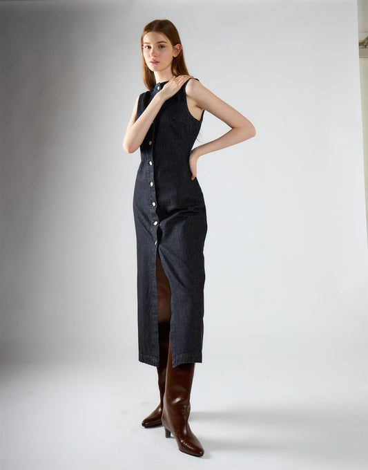 Black Denim Button Up Midaxi Dress