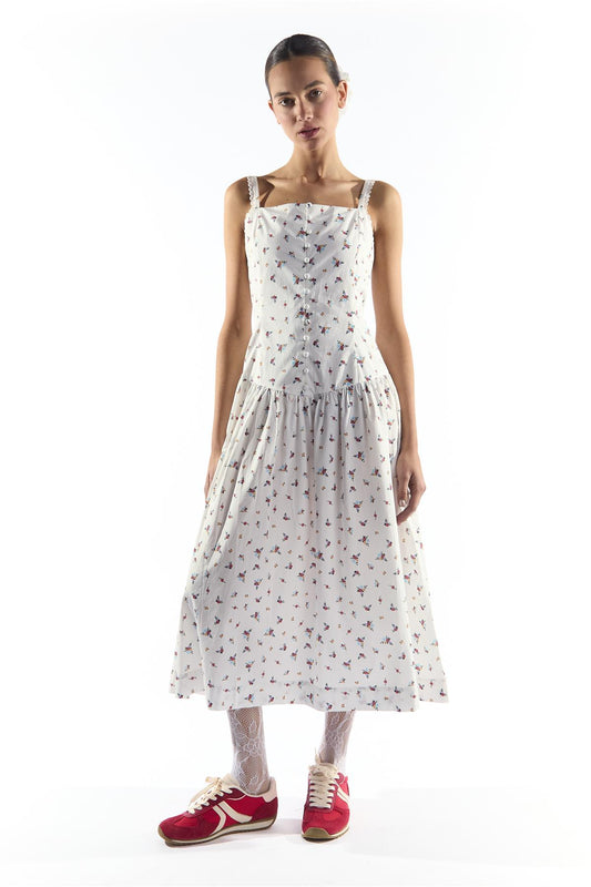 Dropped Waist Midi Dress with Trim in White Floral Colour