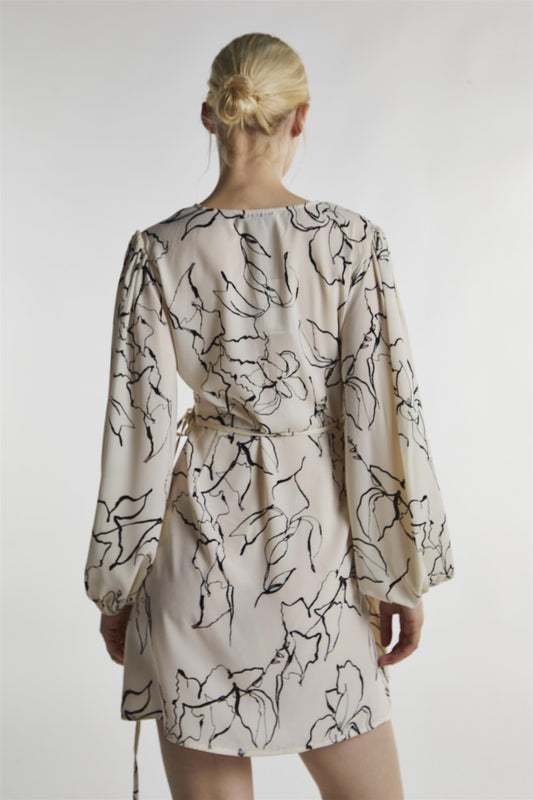 Stone-Sketch-Print Long-Sleeve-Wrap Mini-Dress
