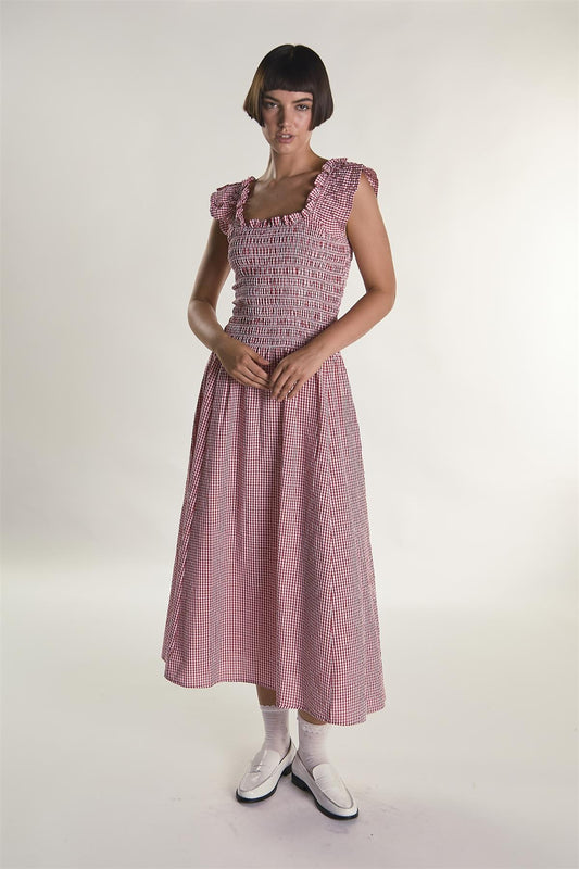 Red Gingham Frill Sleeve Maxi Dress