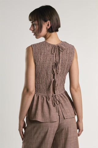 Mid Brown Fleck Smocked Peplum Top