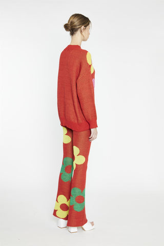 Red-Multi-Glitter Floral-Knit Flared-Leggings