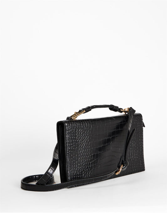 Black Croc Top Handle Crossbody Bag