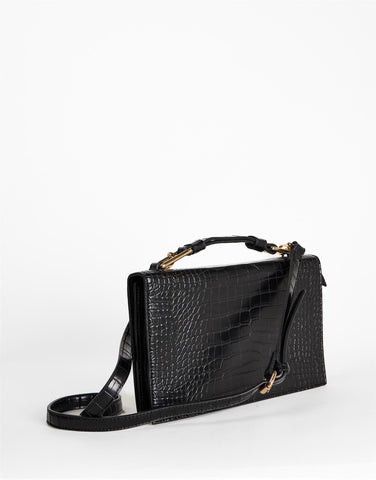 Black Croc Top Handle Crossbody Bag