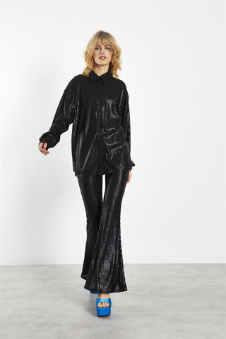 Matt-Black Sequin Collared  Long-Sleeve Shirt