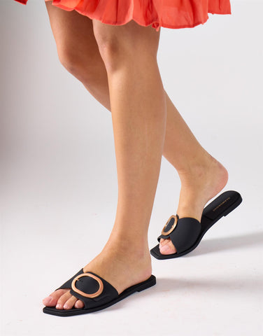 Gold Buckle Square Toe Sandals - Black