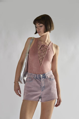 Dusty Pink Suede Tie Front Bodysuit