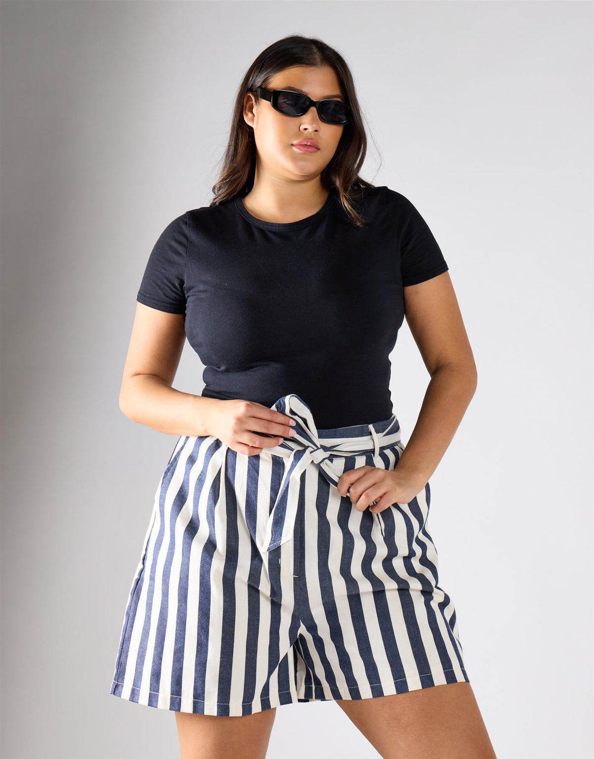 Glamorous Curve Navy White Stripe Belted Shorts