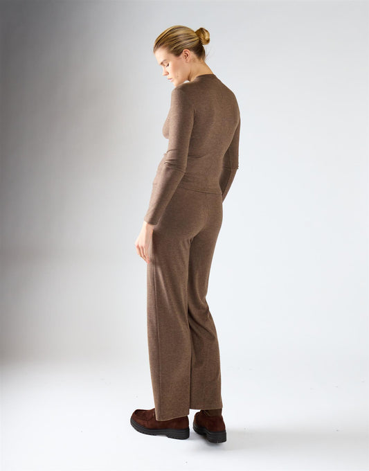 Brown Rib Minimal High-Waist Knit Trousers