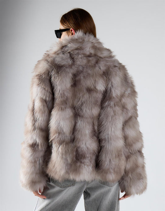 Grey Multi Fur Oversized Collar Short Fur Coat