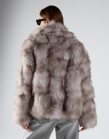 Grey Multi Fur Oversized Collar Short Fur Coat