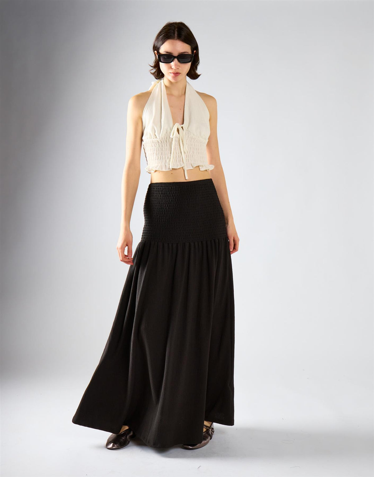 Black Crinkle Drop Waist Maxi Skirt