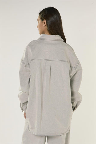 Light Grey Long Sleeve Denim Shirt with Snap On Buttons