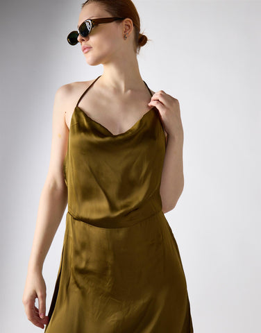 Khaki Satin Cowl Neck Midi Dress