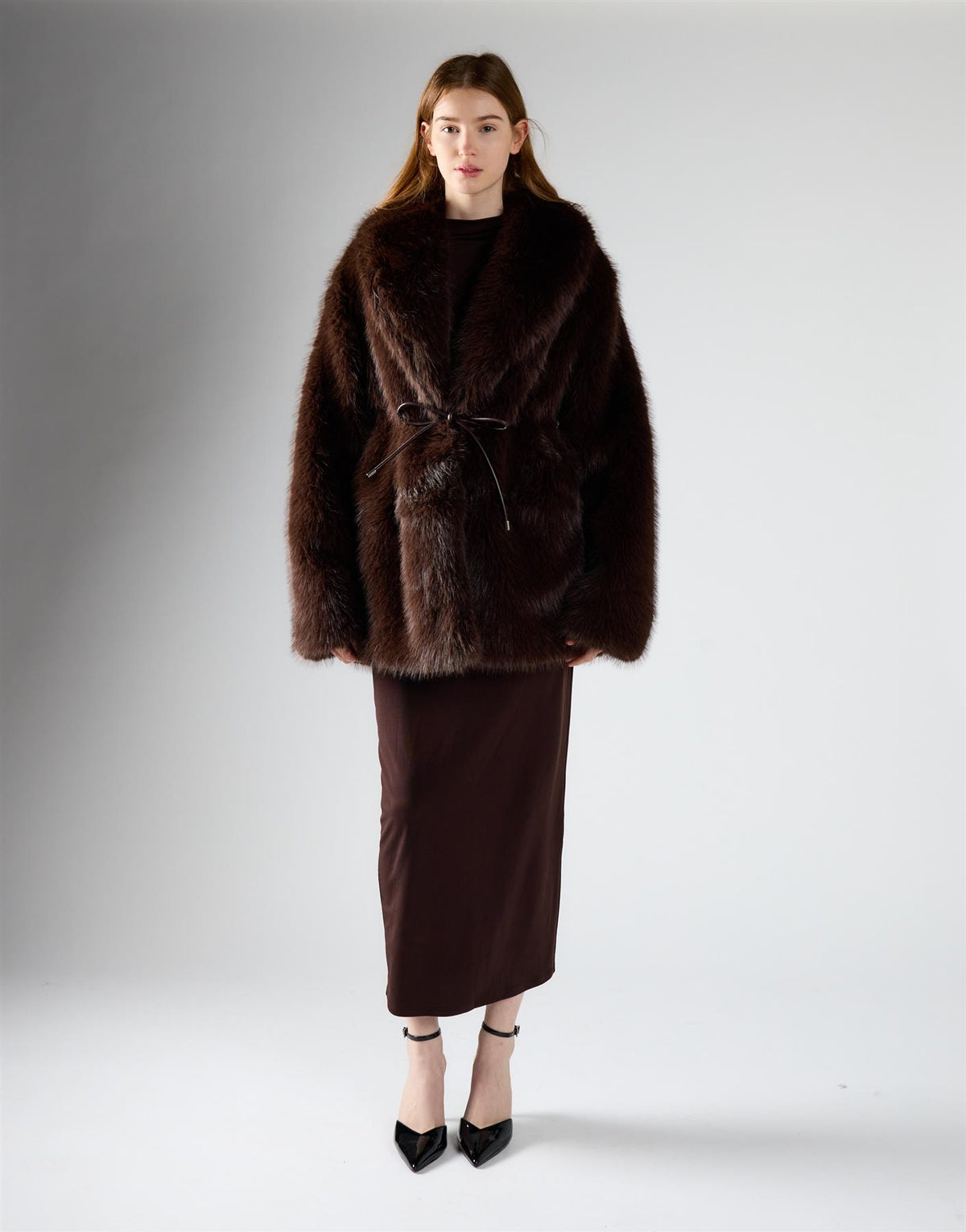 Deep Brown Fur Oversized Tie Waist Coat