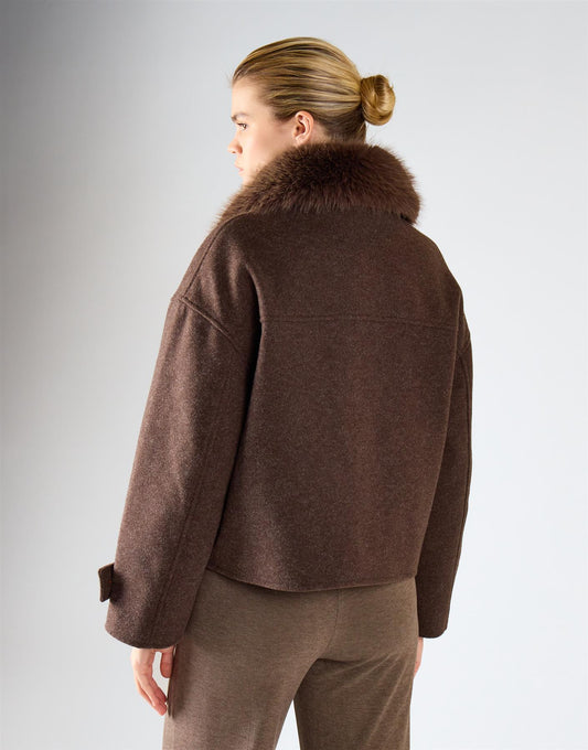 Brown Marl Plush Faux-Fur Collar Jacket