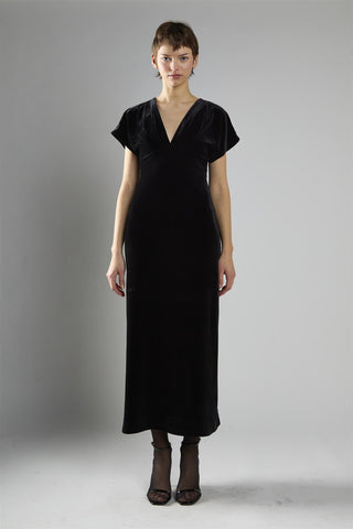 Black Velvet Short Sleeve V-Neck Maxi Dress