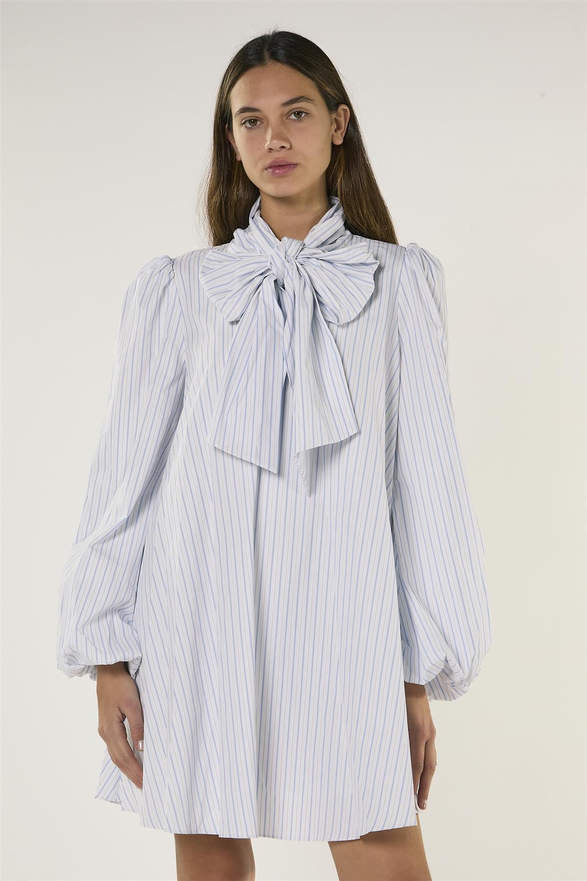 White Blue Stripe Bow Mini Dress