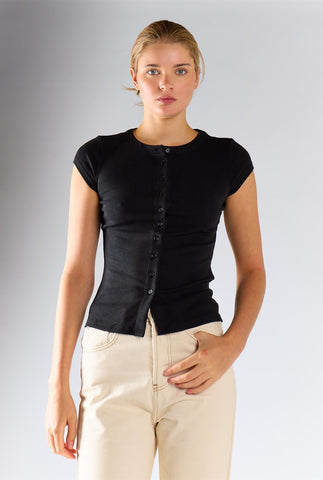 Black Knitted Button Front Top