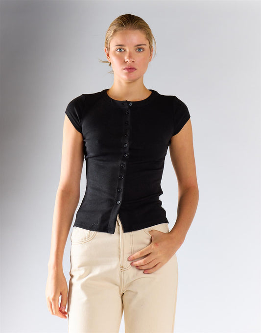 Black Knitted Button Front Top