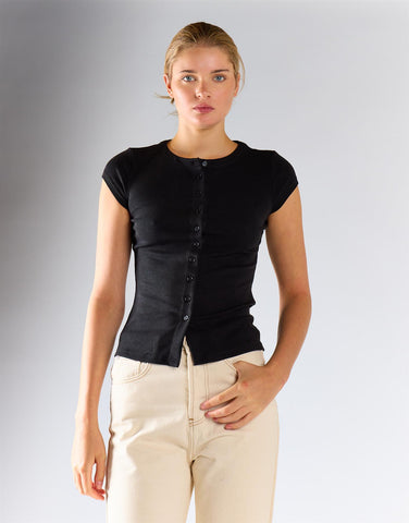 Black Knitted Button Front Top