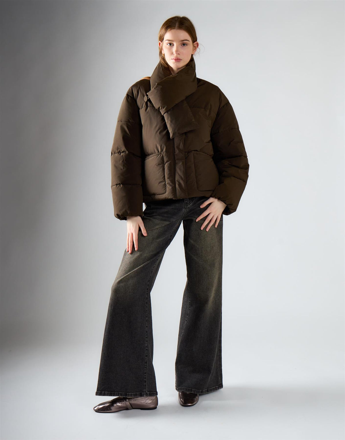Deep Khaki Scarf Detail Padded Jacket
