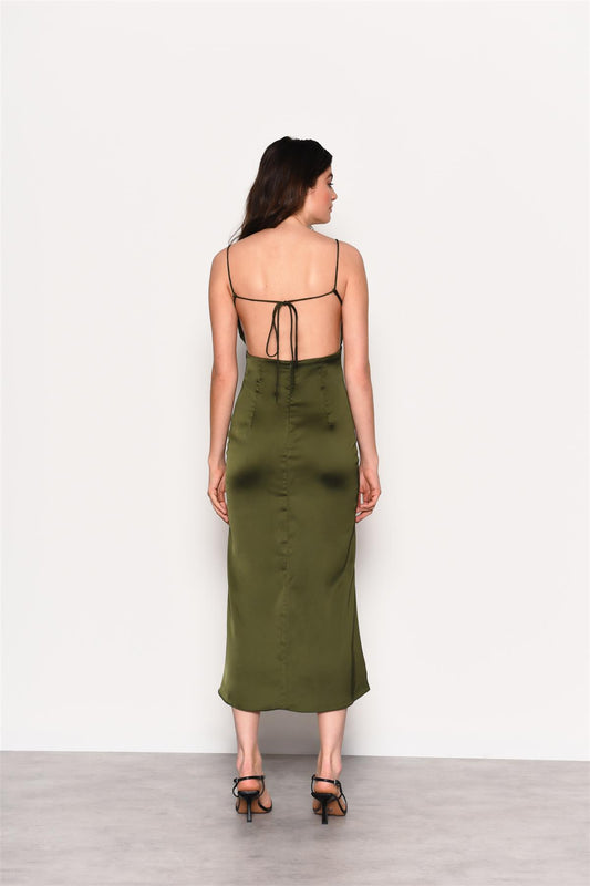 Forest Green Satin Open Tie Back Maxi Dress