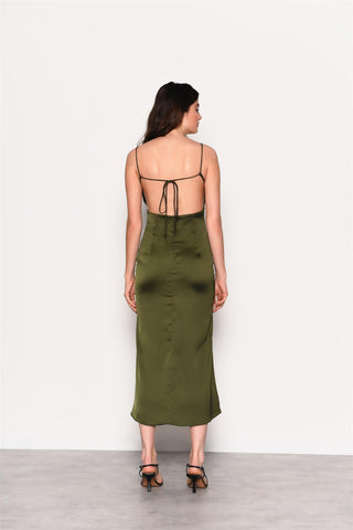 Forest Green Satin Open Tie Back Maxi Dress