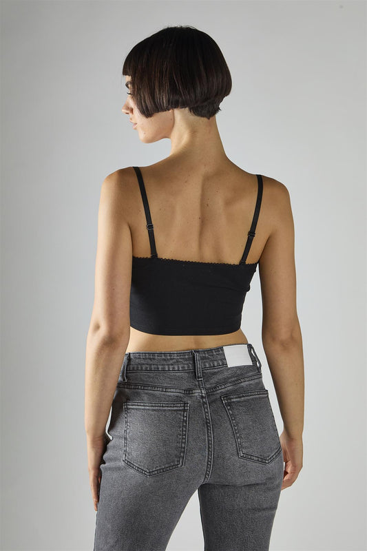Black Sleeveless-Ribbed-Bow-Detail Crop-Top