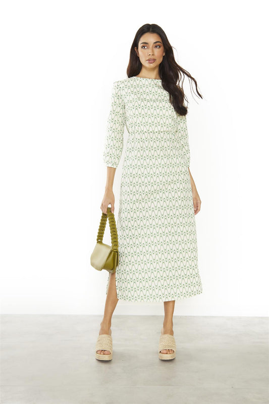 Green Retro Wave Tie-Back Midi-Dress